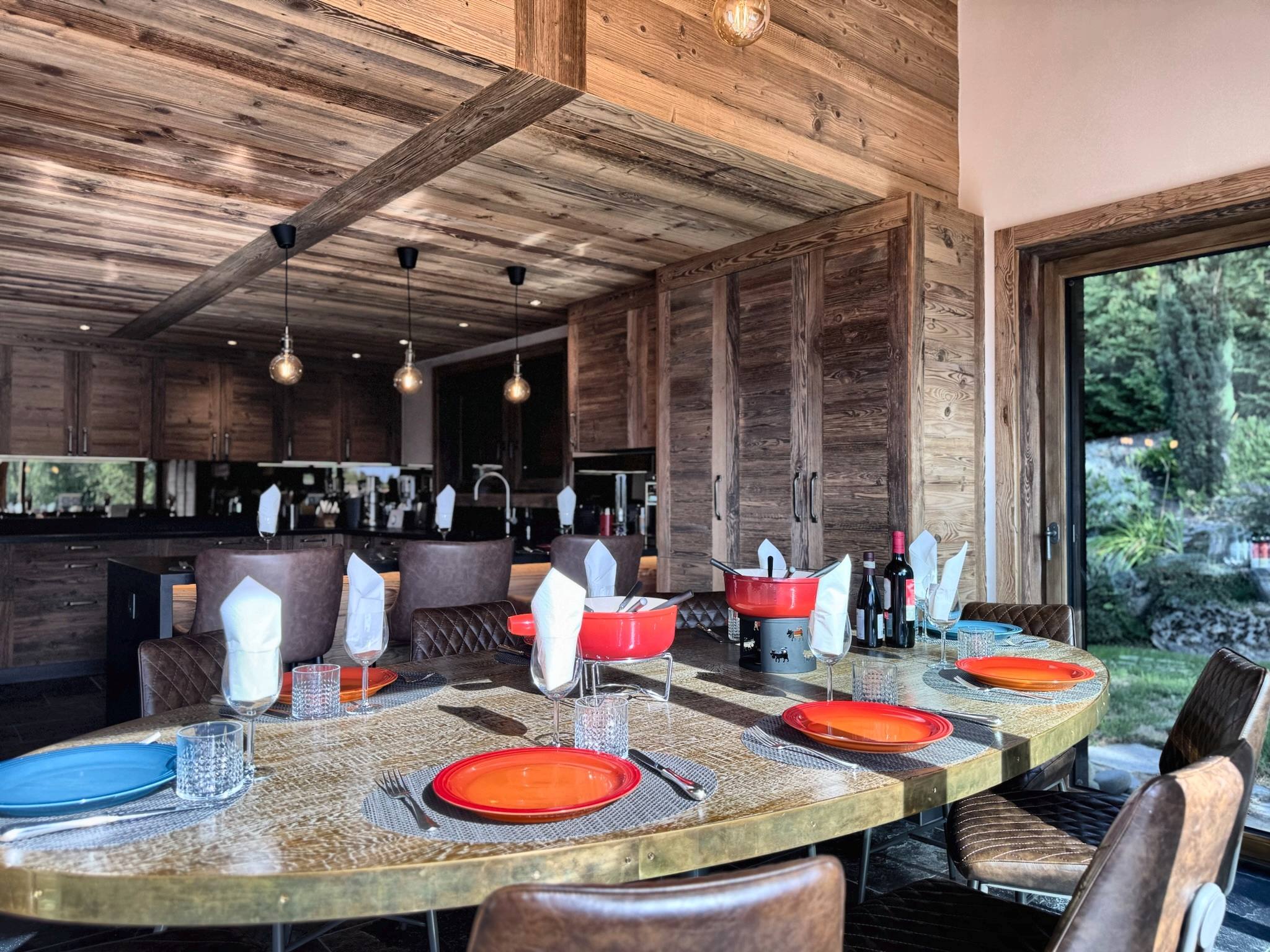 The kitchen and dining table, laid for fondue