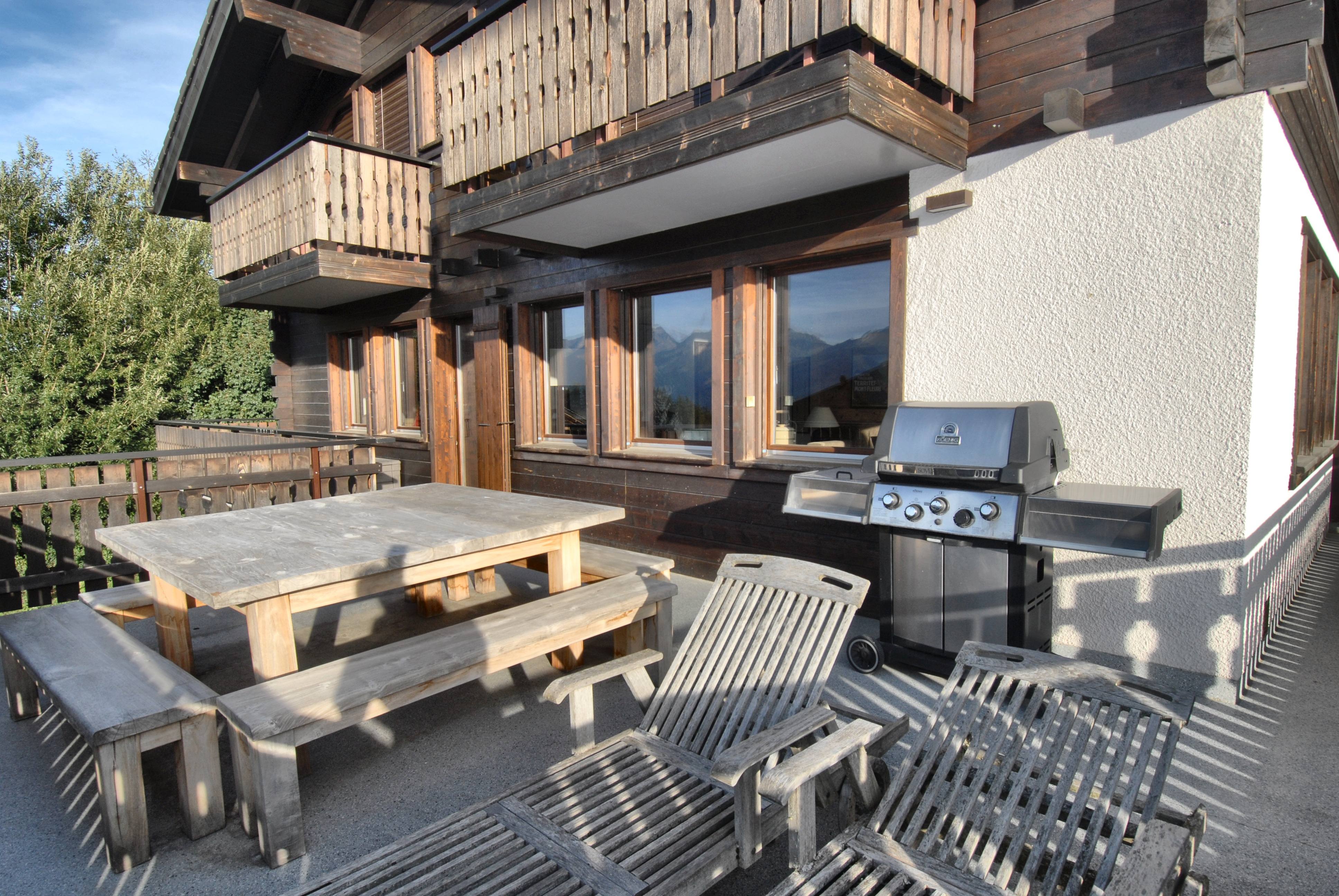 The main terrace — table for ten, barbecue, loungers